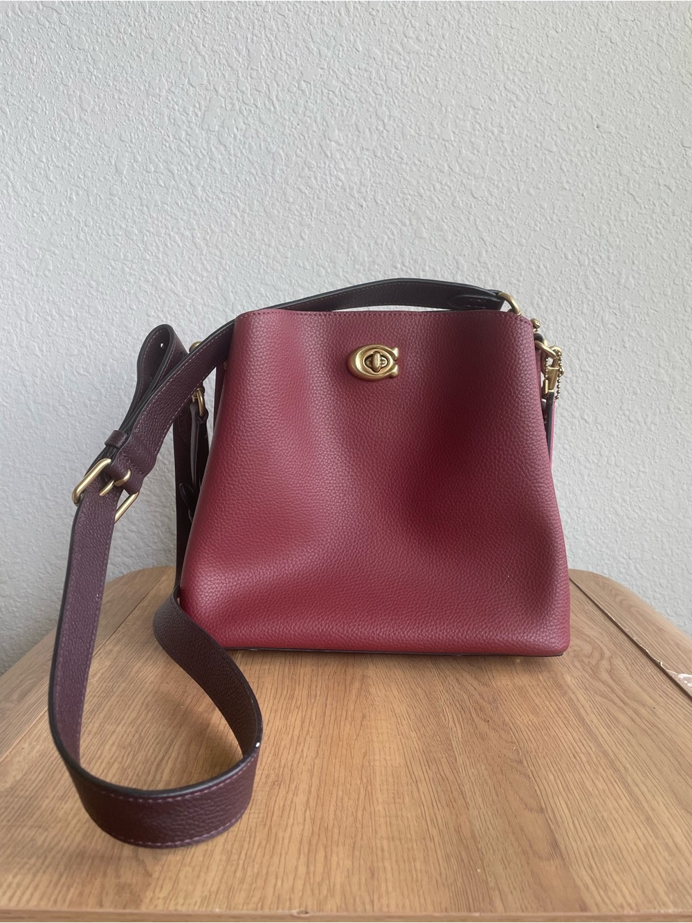 Coach Burgundy Pebbled Leather Bucket Shoulder Bag with Gold Hardware